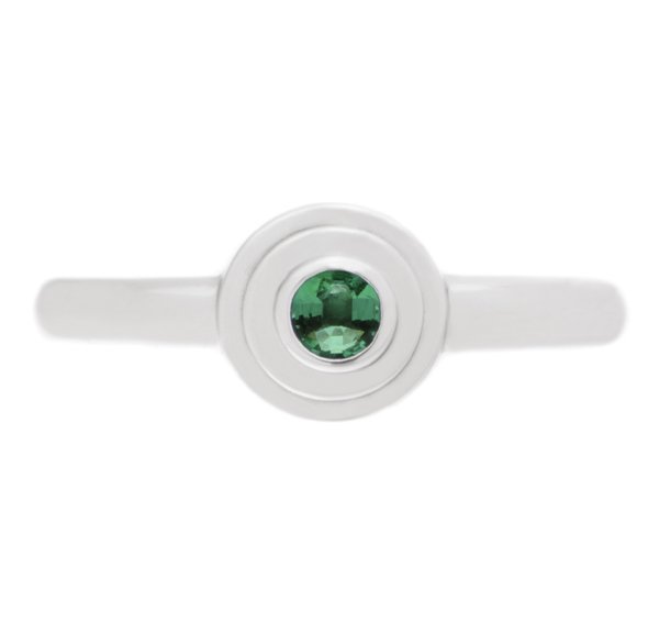Empire Art Deco Style Round green emerald Solitaire engagement Ring step Stepped plain Metal Halo surround design modernist modern platinum gold