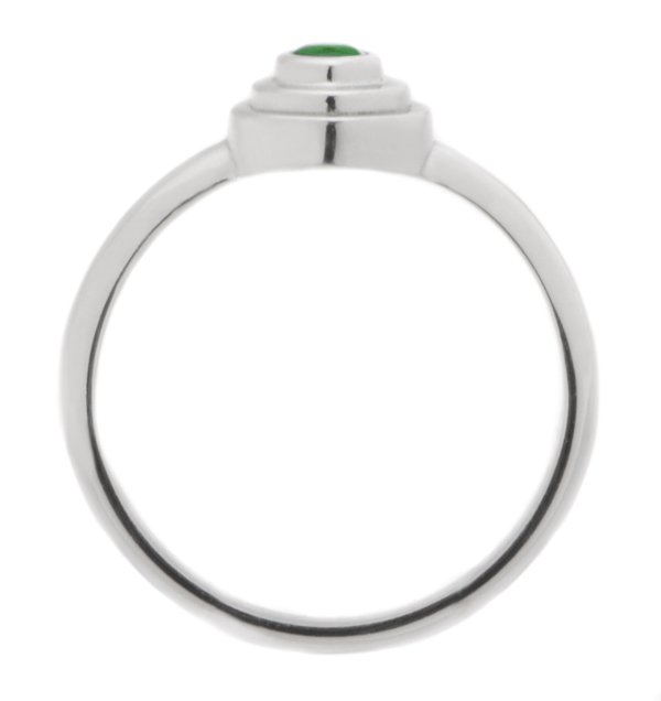 Empire Art Deco Style Round green emerald Solitaire engagement Ring step Stepped plain Metal Halo surround design modernist modern platinum gold