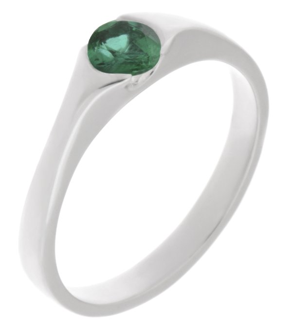 modernist design modern ring semi-rubover set round emerald solitaire engagement ring court shape shoulders contemporary platinum gold