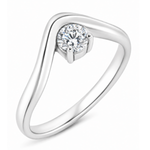 Modernist wishbone style modern curved ring round brilliant cut solitaire diamond engagement design platinum gold
