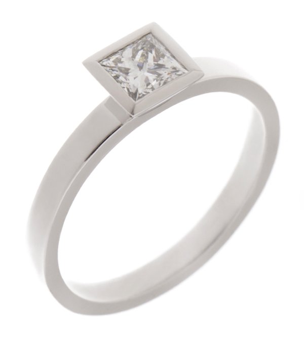 modern rubover set princess cut diamond solitaire engagement dress ring flat shoulders platinum gold