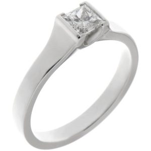 modern design engagement dress ring solitaire princess cut square diamond flat shoulders semi rubover setting platinum gold