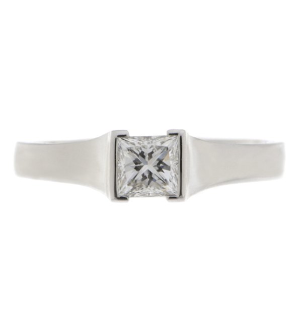 modern design engagement dress ring solitaire princess cut square diamond flat shoulders semi rubover setting platinum gold