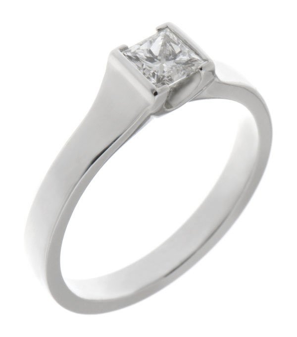 modern design engagement dress ring solitaire princess cut square diamond flat shoulders semi rubover setting platinum gold