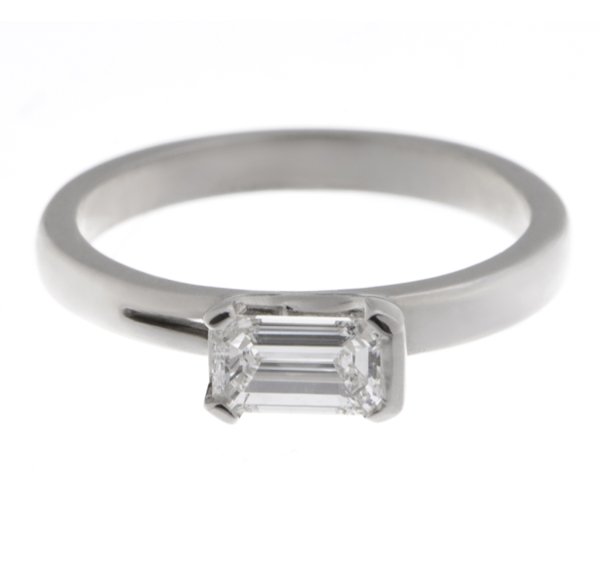 emerald step cut diamond solitaire engagement dress ring modern contemporary semi rubover claw setting platinum gold