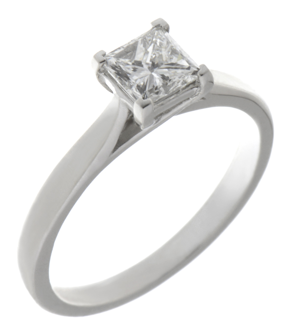A modern 4 four claw classic solitaire kiss style princess cut square diamond engagement ring lab grown platinum gold
