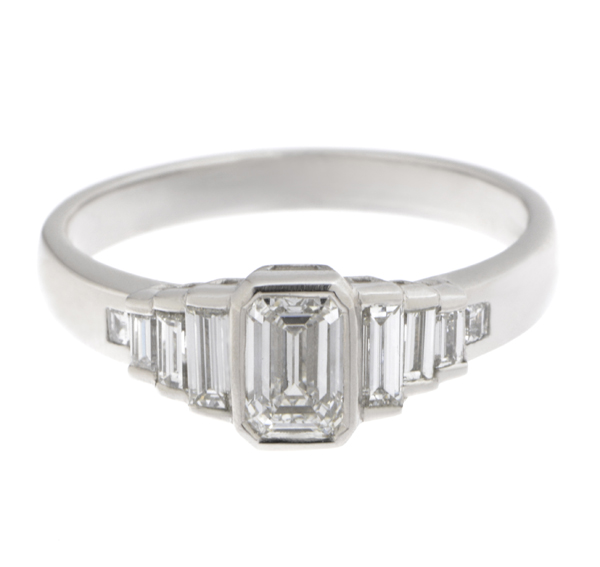 Art deco style rubover set emerald step cut baguette diamond designer engagement ring platinum gold