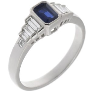 Art deco style rubover set emerald octagon step cut blue sapphire baguette diamond designer engagement cluster ring platinum gold