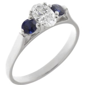 modern classic trilogy ring Oval cut Diamond round blue sapphire shape platinum gold four three claw set