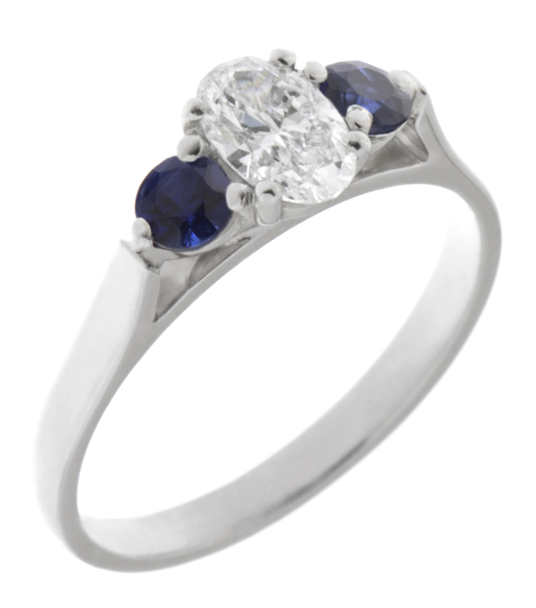 modern classic trilogy ring Oval cut Diamond round blue sapphire shape platinum gold four three claw set