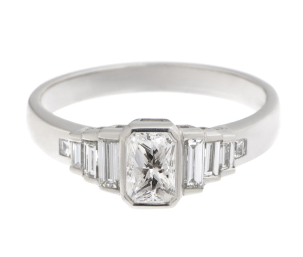 Art deco style rubover set radiant step cut baguette diamond designer engagement cluster ring platinum gold