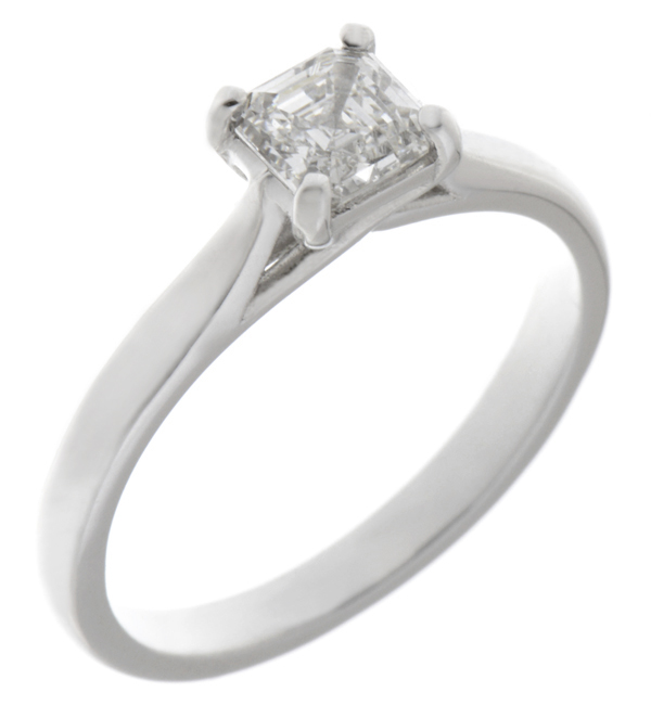 A modern 4 four claw classic solitaire kiss style Asscher modified emerald cut diamond engagement ring lab grown platinum gold