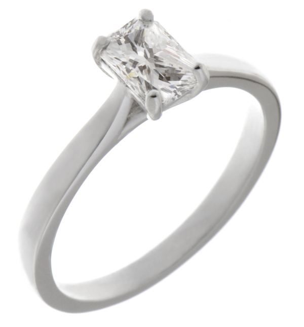 A modern 4 four claw classic solitaire kiss style Radiant shape cut diamond engagement ring lab grown platinum gold