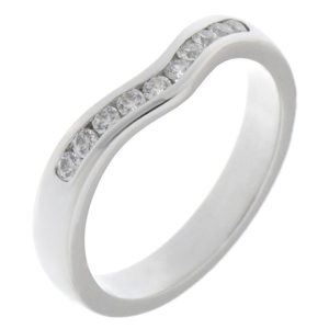 Wishbone shaped channel set round brilliant cut diamond eternity dress ring modern wedding band fit next to engagement platinum gold