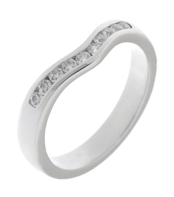 Wishbone shaped channel set round brilliant cut diamond eternity dress ring modern wedding band fit next to engagement platinum gold