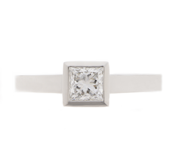 modern classic rubover set square princess cut lab grown diamond solitaire engagement dress ring flat shoulders platinum gold