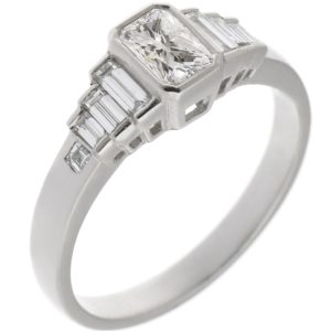 Art deco style rubover set radiant step cut baguette diamond designer engagement cluster ring platinum gold