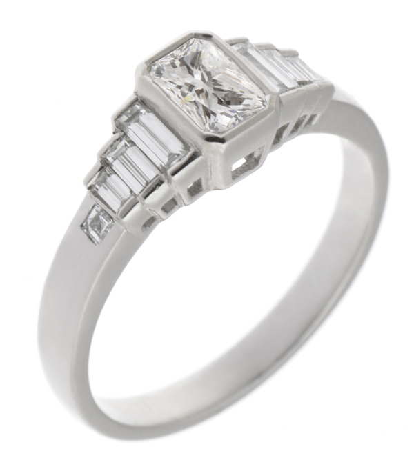 Art deco style rubover set radiant step cut baguette diamond designer engagement cluster ring platinum gold