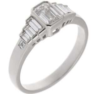 Art deco style rubover set emerald step cut baguette diamond designer engagement ring platinum gold