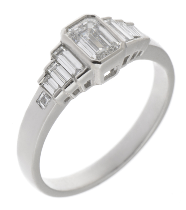 Art deco style rubover set emerald step cut baguette diamond designer engagement ring platinum gold