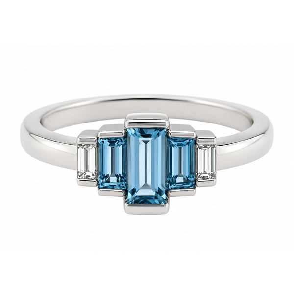 Art deco style five stone cluster ring baguette cut aqua aquamarine bar set diamond designer cluster platinum gold