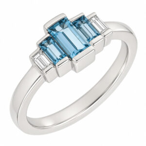 Art deco style five stone cluster ring baguette cut aqua aquamarine bar set diamond designer cluster platinum gold