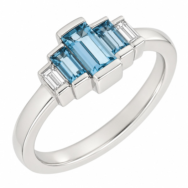 Art deco style five stone cluster ring baguette cut aqua aquamarine bar set diamond designer cluster platinum gold