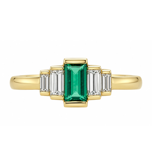 Art deco style five stone cluster ring baguette cut green Emerald bar set diamond designer cluster platinum gold