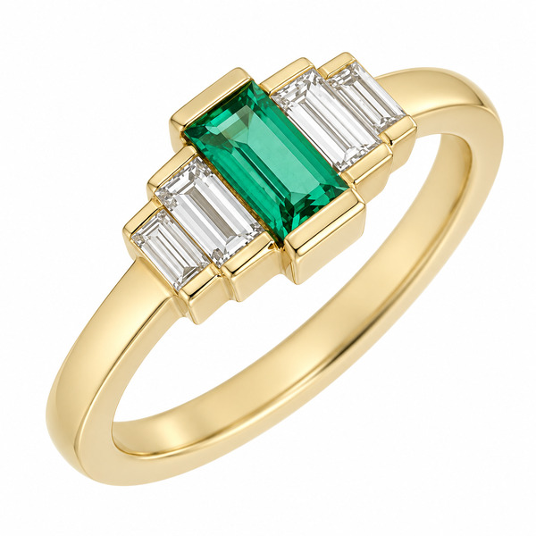Art deco style five stone cluster ring baguette cut green Emerald bar set diamond designer cluster platinum gold
