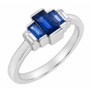Art deco style five stone cluster ring baguette cut blue sapphire bar set diamond designer cluster platinum gold