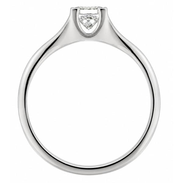 modern design engagement dress ring solitaire princess cut square diamond flat shoulders semi rubover setting platinum gold
