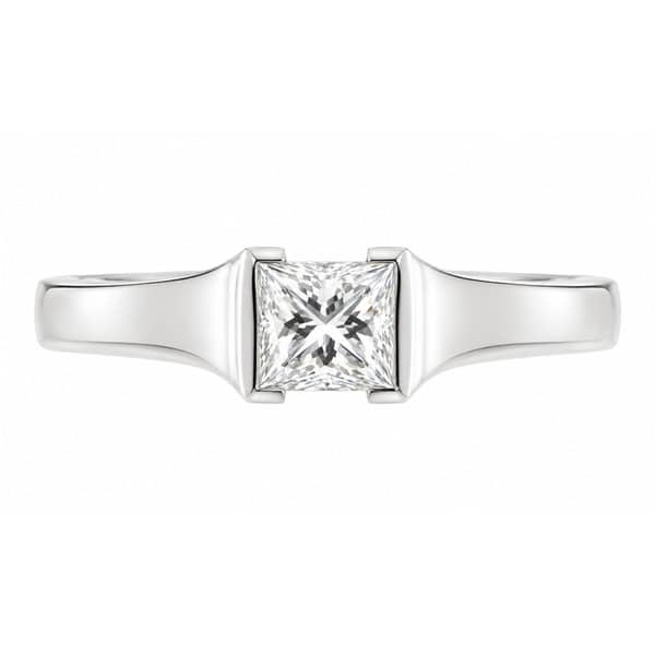 modern design engagement dress ring solitaire princess cut square diamond flat shoulders semi rubover setting platinum gold