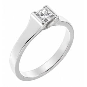 modern design engagement dress ring solitaire princess cut square diamond flat shoulders semi rubover setting platinum gold