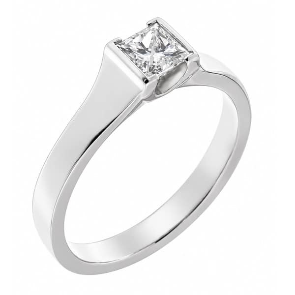 modern design engagement dress ring solitaire princess cut square diamond flat shoulders semi rubover setting platinum gold