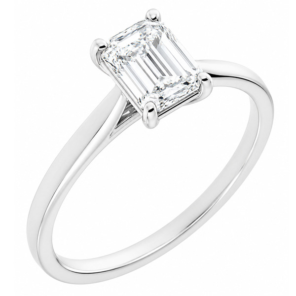 Emerald step cut diamond classic solitaire engagement ring kiss style crossover setting modern platinum gold 4 claw