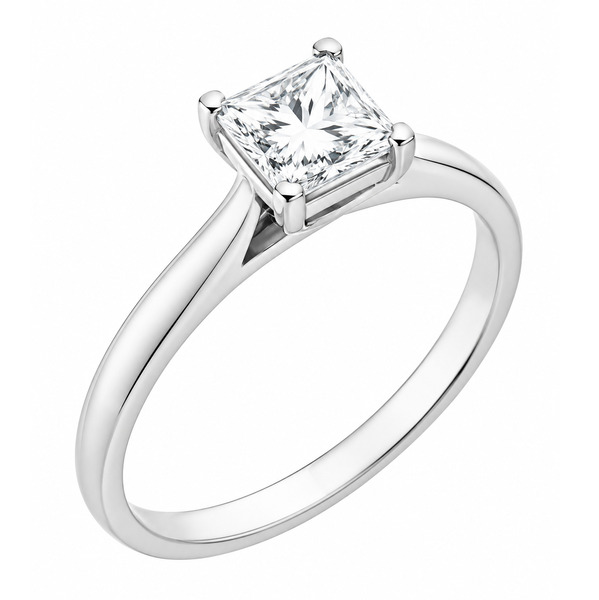A modern 4 four claw classic solitaire kiss style princess cut square diamond engagement ring lab grown platinum gold