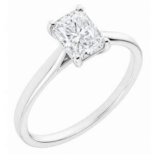 Radiant cut diamond classic solitaire engagement ring kiss style crossover modern platinum gold 4 claw