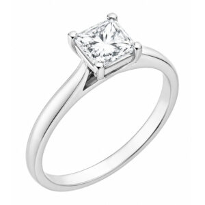 Princess square cut diamond classic solitaire engagement ring kiss style crossover setting modern contemporary platinum gold 4 claw