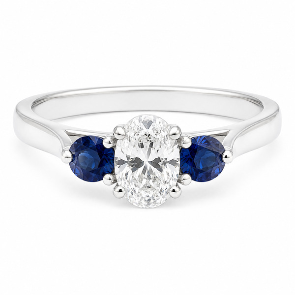 modern classic trilogy ring Oval cut Diamond round blue sapphire shape platinum gold four three claw set