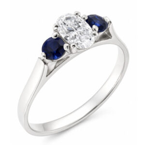 modern classic trilogy ring Oval cut Diamond round blue sapphire shape platinum gold four three claw set