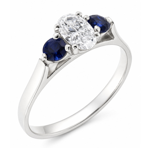 modern classic trilogy ring Oval cut Diamond round blue sapphire shape platinum gold four three claw set