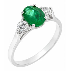modern classic trilogy ring Oval green emerald shape round brilliant cut diamond platinum gold four three claw set