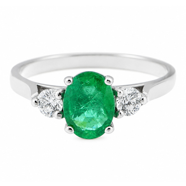 modern classic trilogy ring Oval green emerald shape round brilliant cut diamond platinum gold four three claw set