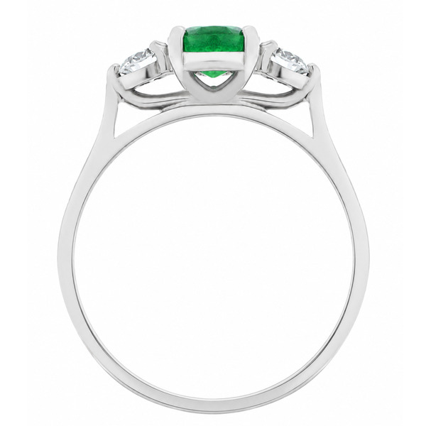 modern classic trilogy ring Oval green emerald shape round brilliant cut diamond platinum gold four three claw set
