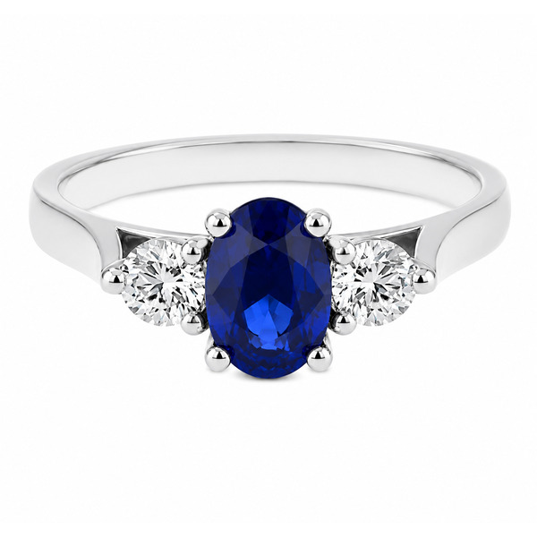 modern classic trilogy ring Oval blue sapphire shape round brilliant cut diamond platinum gold four three claw set