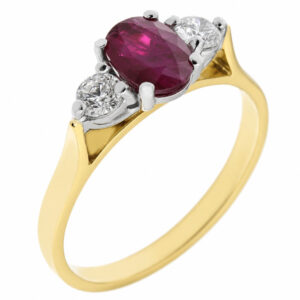 modern classic trilogy ring Oval Ruby shape round brilliant cut diamond platinum gold four three claw set