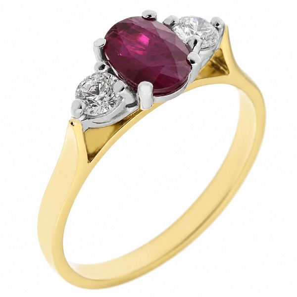 modern classic trilogy ring Oval Ruby shape round brilliant cut diamond platinum gold four three claw set