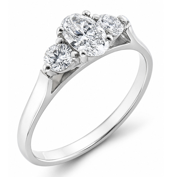 modern classic trilogy ring Oval shape round brilliant cut diamond platinum gold four three claw set platinum gold