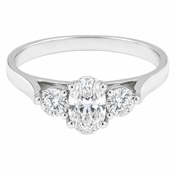 modern classic trilogy ring Oval shape round brilliant cut diamond platinum gold four three claw set platinum gold