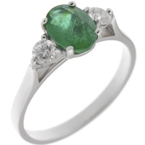 modern classic trilogy ring Oval green emerald shape round brilliant cut diamond platinum gold four three claw set